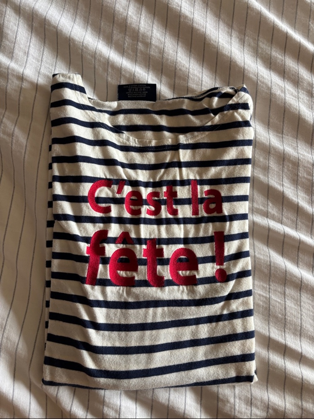 Saint James Navy and White Striped Long Sleeve Tee with Red Graphic